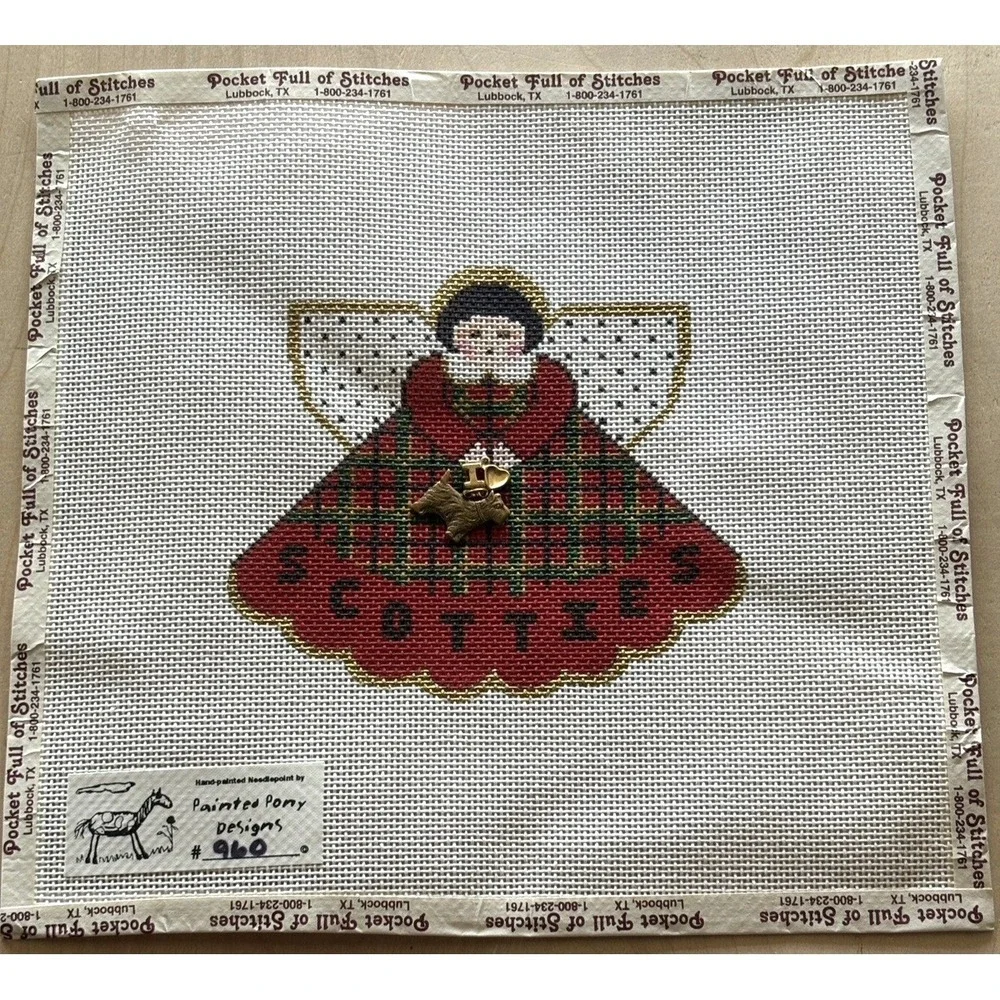 Needlepoint Canvas Scotties Angel Hand Painted Pony Scotty Charm Red Plaid